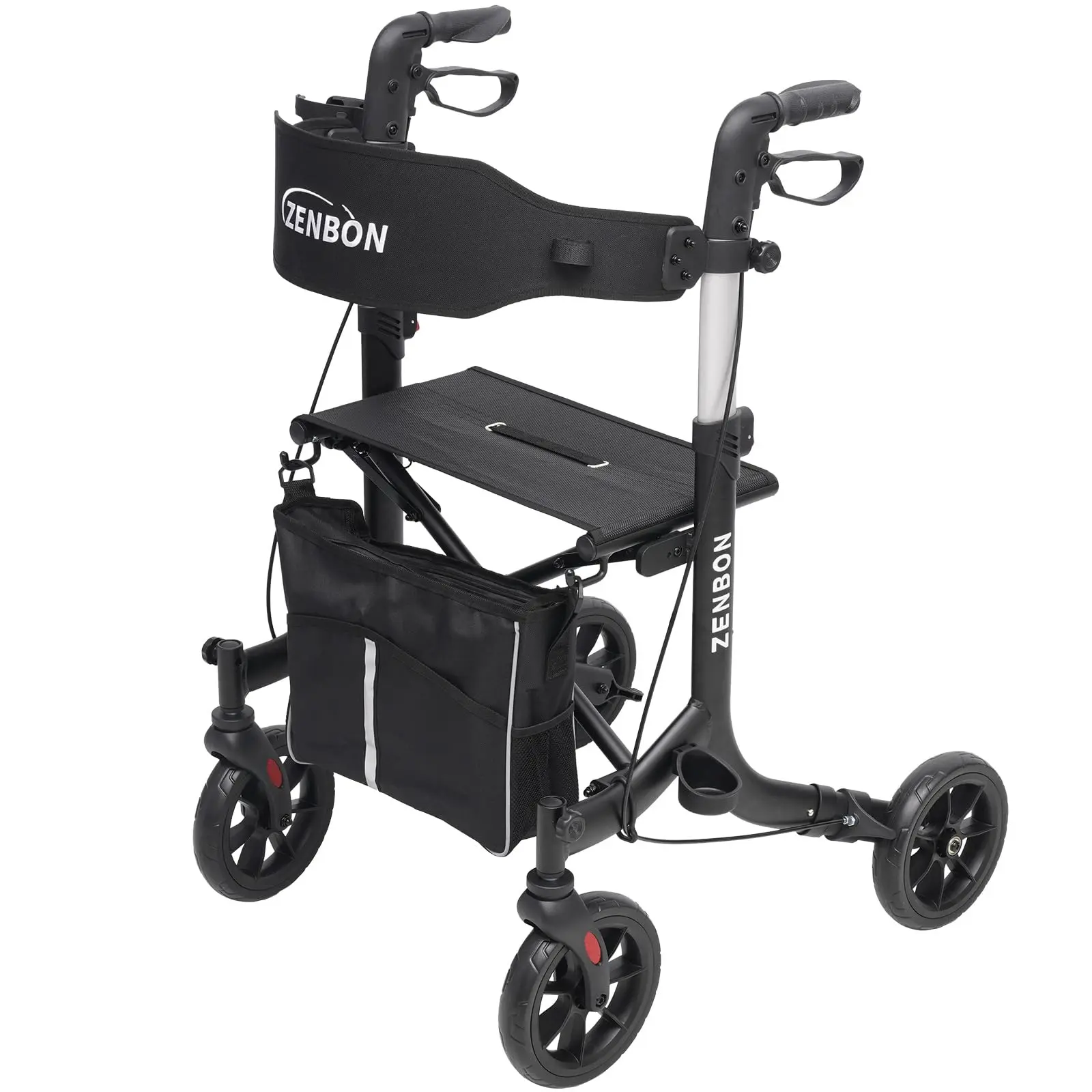 ZENBON 7209 Rollator Walker for Seniors/Adults Foldable Rolling Walker with Seat 330 lbs Capacity 4 Big 8 inch Wheels Hand Grips Adjustable Height Lightweight Aluminum Walker Removable Back Support