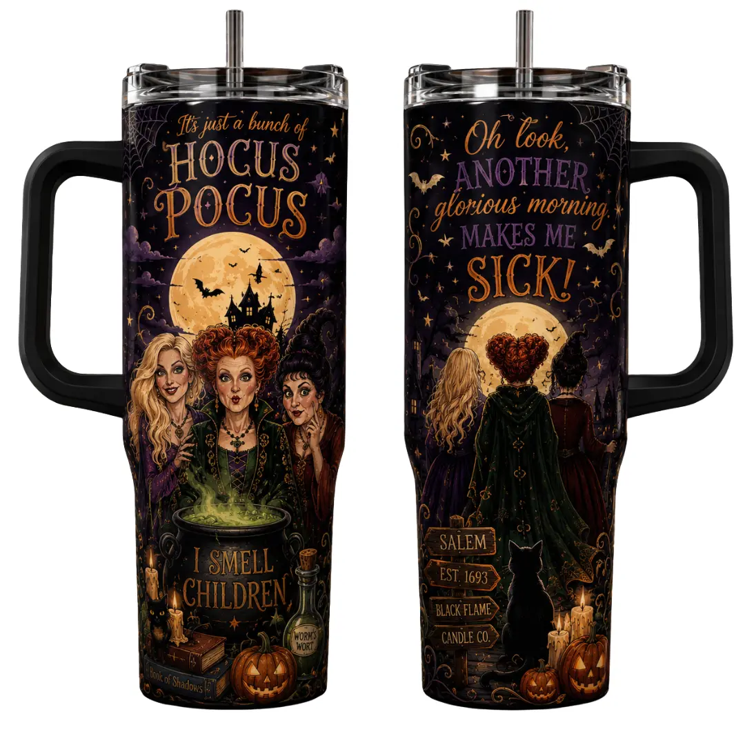 H.Pocus Halloween Tumbler 20oz 30oz 40oz, Spooky Witch Travel Mug, Gothic Fall Cup, Double Wall Insulated Stainless Steel Gift