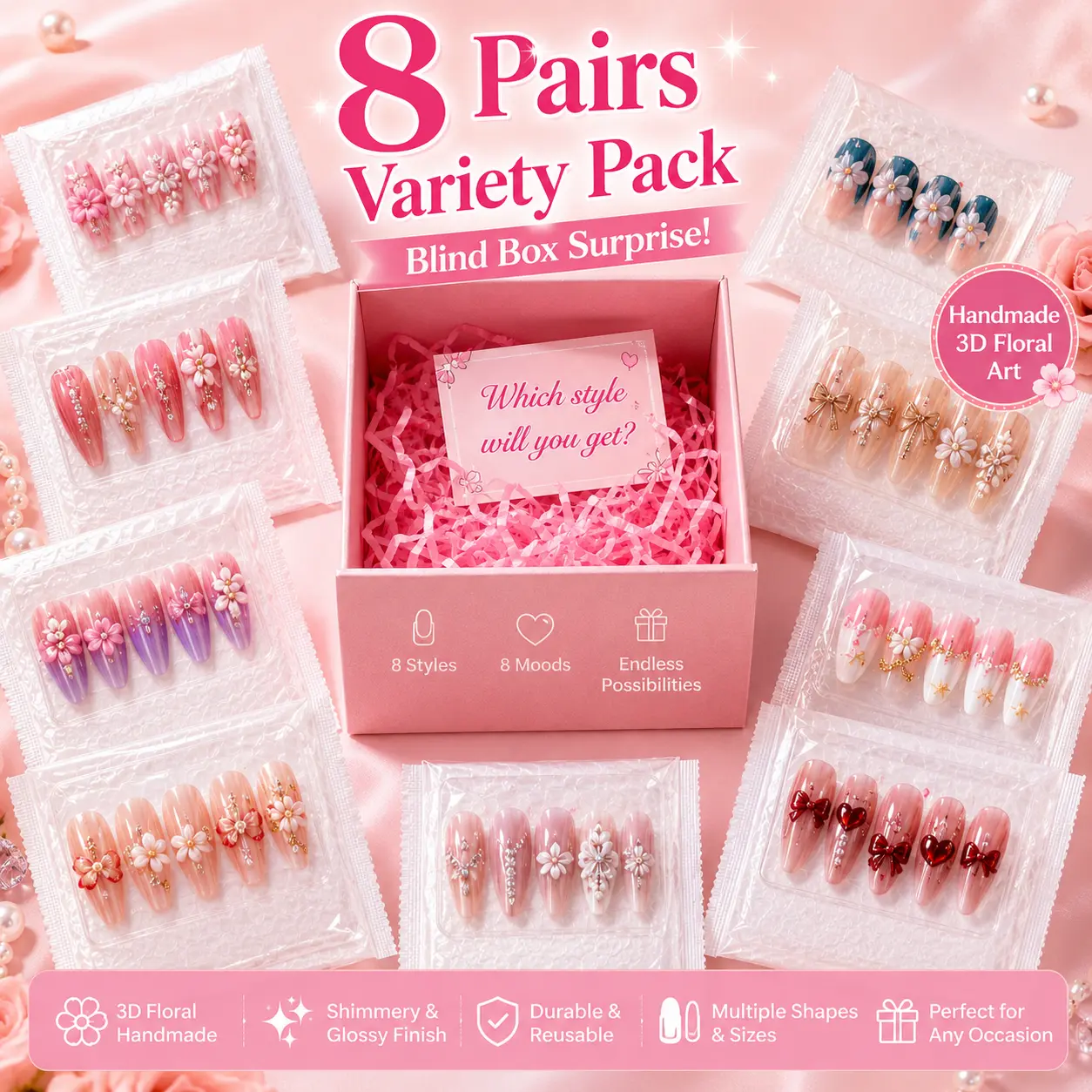 YR Press on Nails for Women, Handmade 3D Floral Fake Nails, 8-15 Pairs Variety Pack, Duck Almond & Square Shapes, Shimmery Glossy Reusable False Nails, XS-L Sizes, Gift Box Included