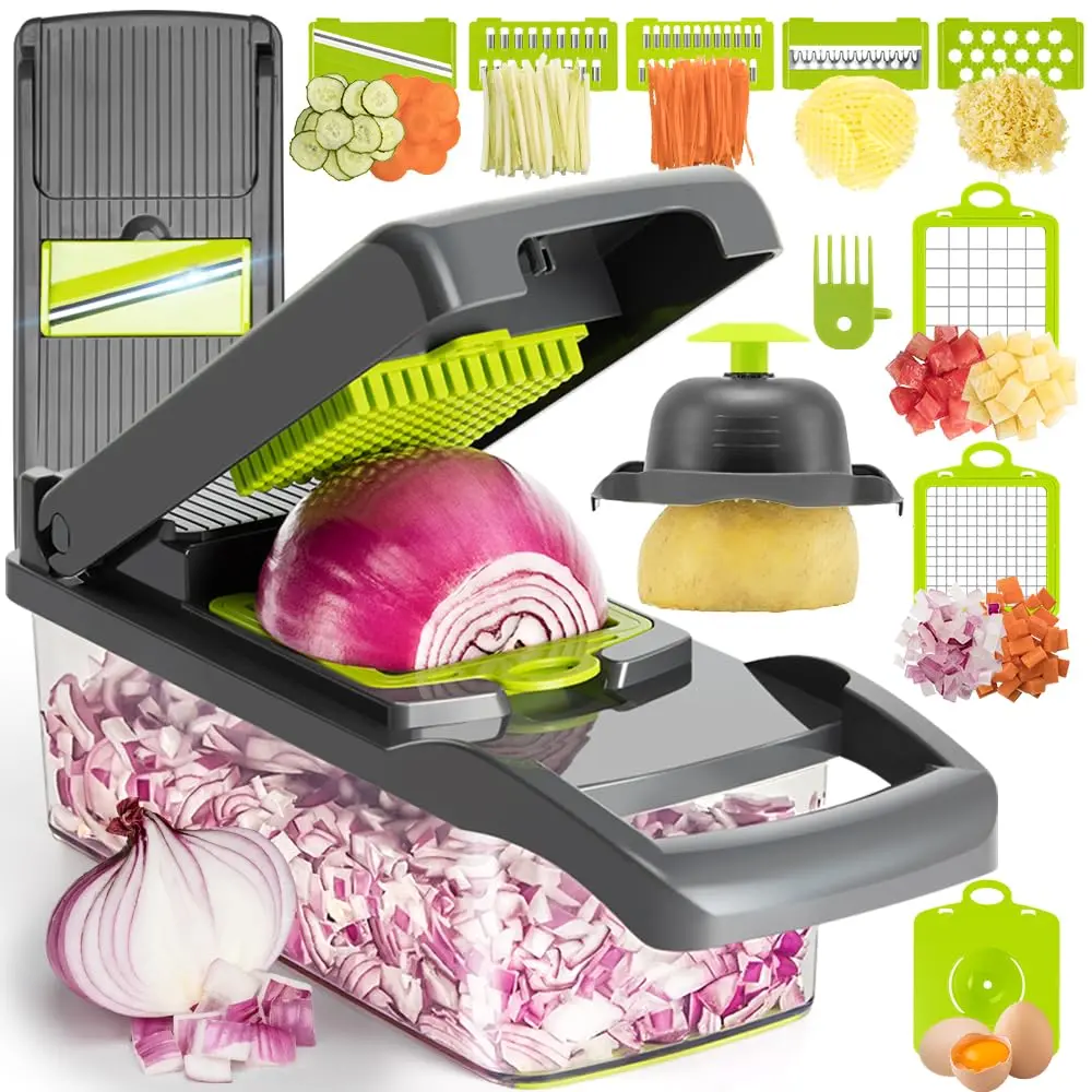 16 in 1 Vegetable Chopper with Container Food Processor, Multifunctional Vegetable Cutter with 8 Stainless Steel Blades, Onion Chopper Dicer Mandoline Slicer Kitchen Gadget for Meal Prep and Food Preparation