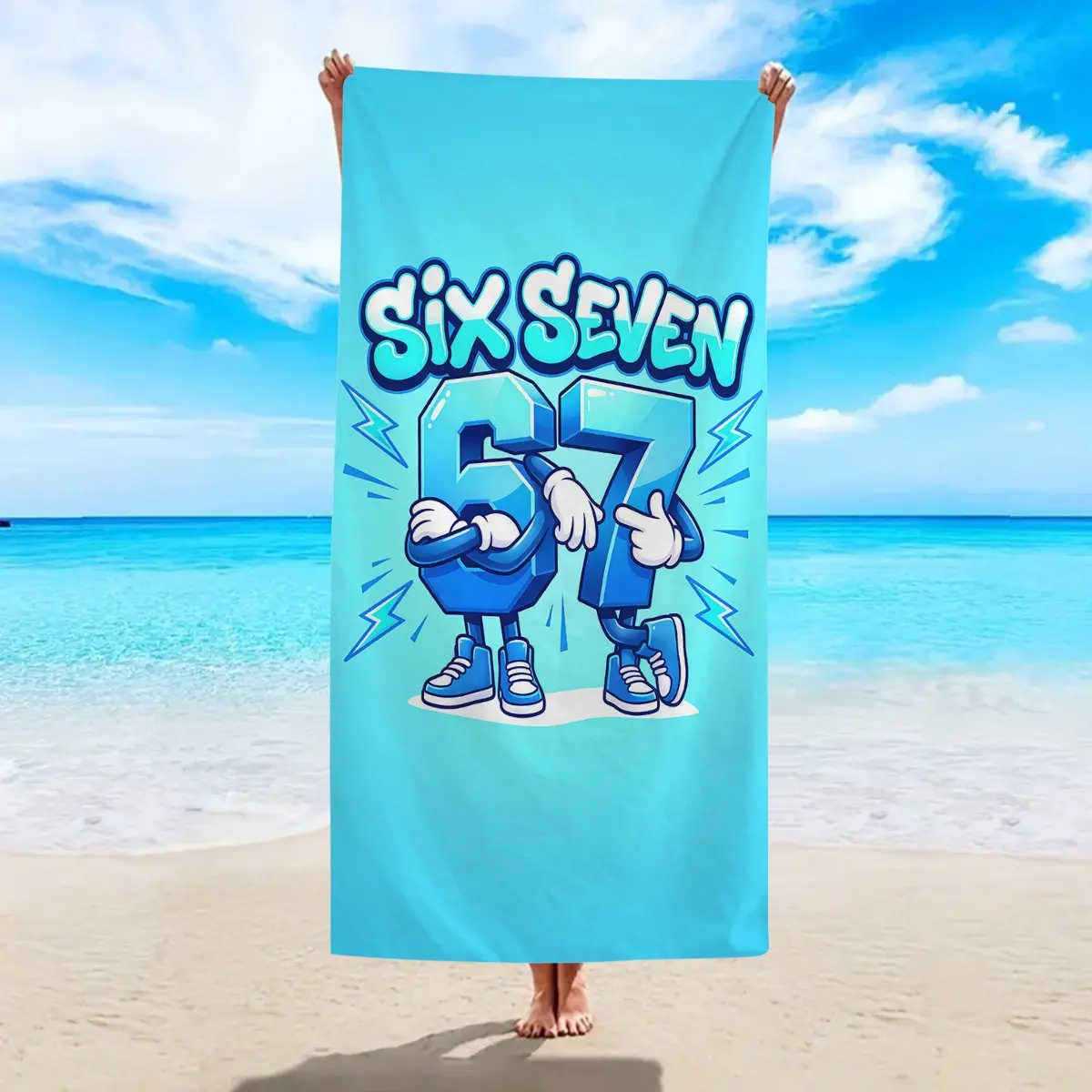 1pc "SIX SEVEN" personalized and fashionable beach towel, cartoon "67" printed ultra-fine fiber quick drying absorbent large beach towel, bath towel, essential gift for summer travel, bathroom, beach decoration, beach vacation shawl beach towel
