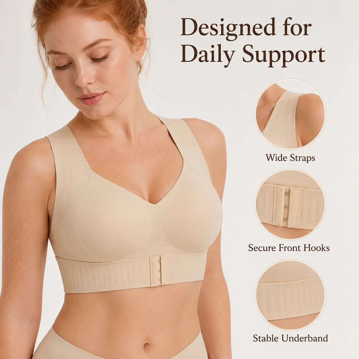 【Postural correction】Women’s Beige Wireless Bra, Soft Breathable Non-removable Moulded Cups, Yoga Fitness Sportswear for Gym & Daily Training