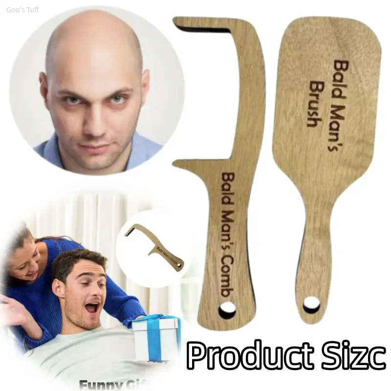 Wooden Hair Comb for Men, Bald Grooming Accessory, Funny Gag Gift for Birthday Holiday Prank Parties with Craft Design