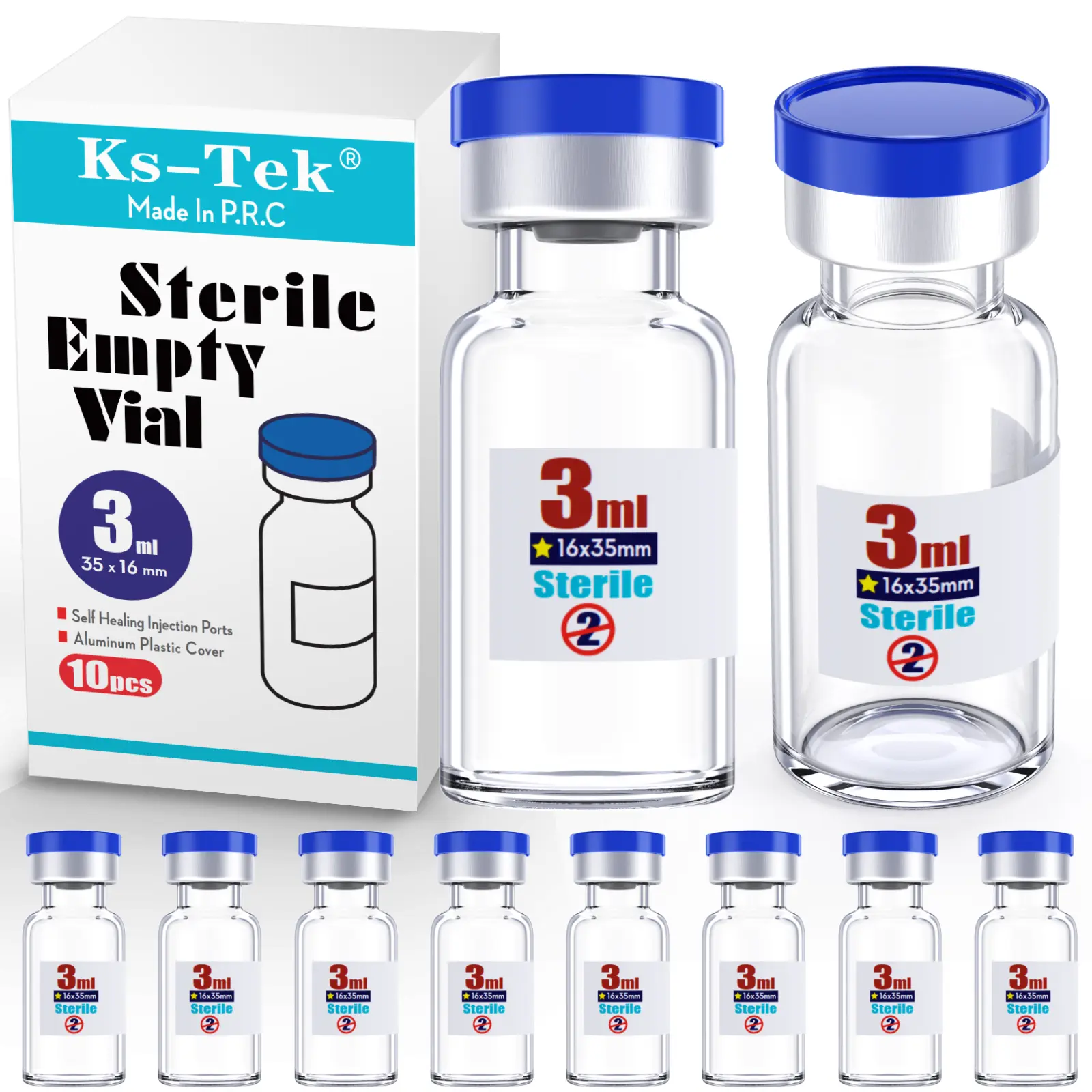 Sterile Empty Vials with Self Healing Injection Port & Flip Off Aluminum Plastic Cap,Borosilicate Glass Bottle for Storage, Clear Sterile Individually PackPackage