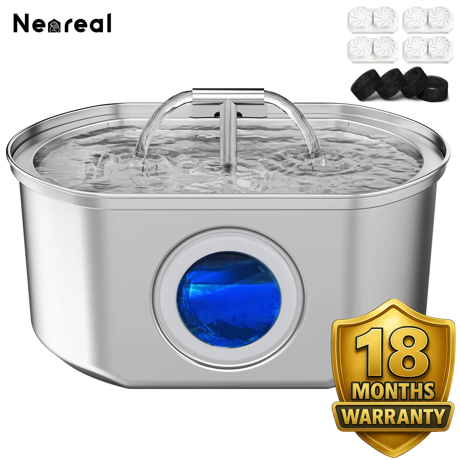 Neareal Oval Duo 3.2L (108oz) 2-in-1 Flow Stainless Steel Smart Automatic Water Feeder & Cat Fountain, 4-Stage Purifying Ultra-Quiet Pump, Visible Level Window, 12-Day Supply, Power Supply for Healthy Pet Life