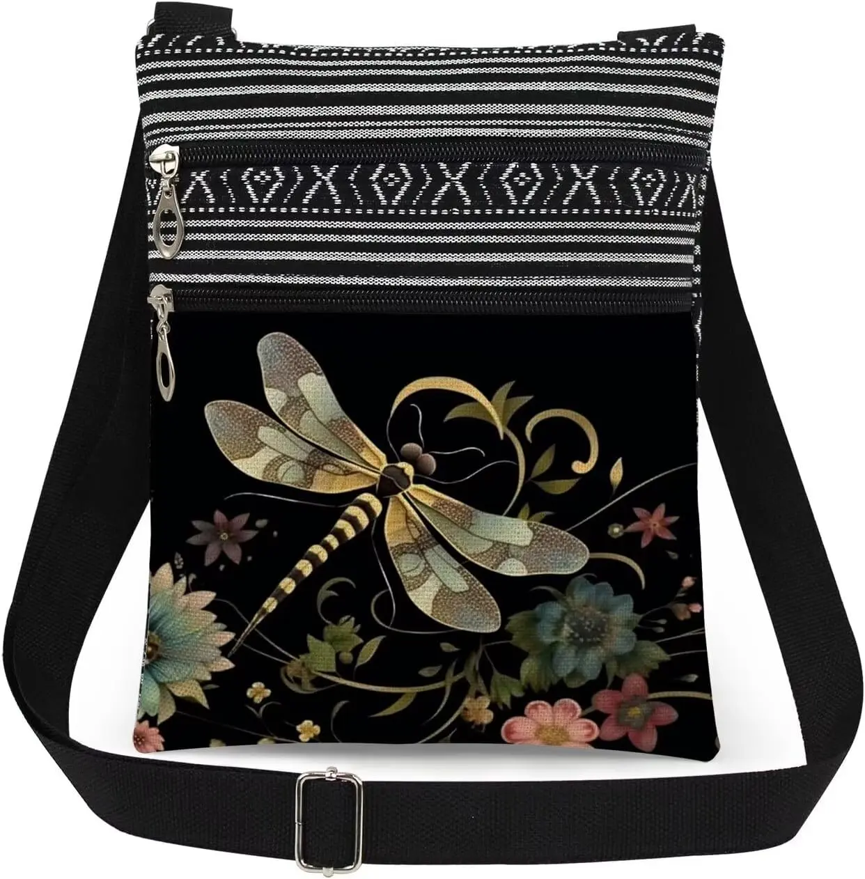Women's Adjustable Shoulder Strap Crossbody Messenger Bag with Dragonfly & Flower Print, Nature-Inspired Gift for Mom Sister on Mother's Day or Birthdays
