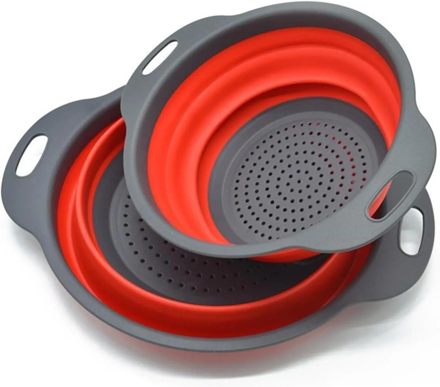 Collapsible Colander Set of 2 Pcs Sturdy PP & Silicone Strainer with Handles Red BPA-Free Dishwasher Safe Space-Saving Kitchen Draining Utensils