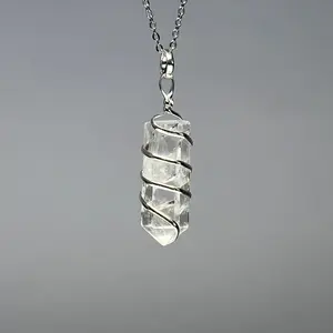 Clear Quartz Crystal Necklace, Wire Wrapped Gemstone Pendant with 18" Chain - CW