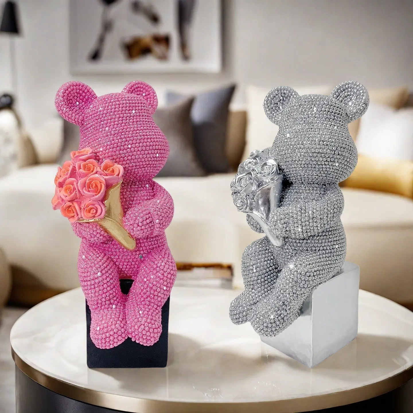 Creative Bear Hug Flower Ornament, Perfect Valentine's Day & Christmas Gift, Abstract Art Sculpture, Decorative Sculptures for Home Decor, Studded Decor, Office, TV Stand, Resin Animal Sculptures