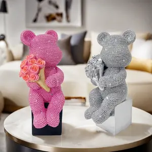Creative Bear Hug Flower Ornament, Perfect Valentine's Day & Christmas Gift, Abstract Art Sculpture, Decorative Sculptures for Home Decor, Studded Decor, Office, TV Stand, Resin Animal Sculptures