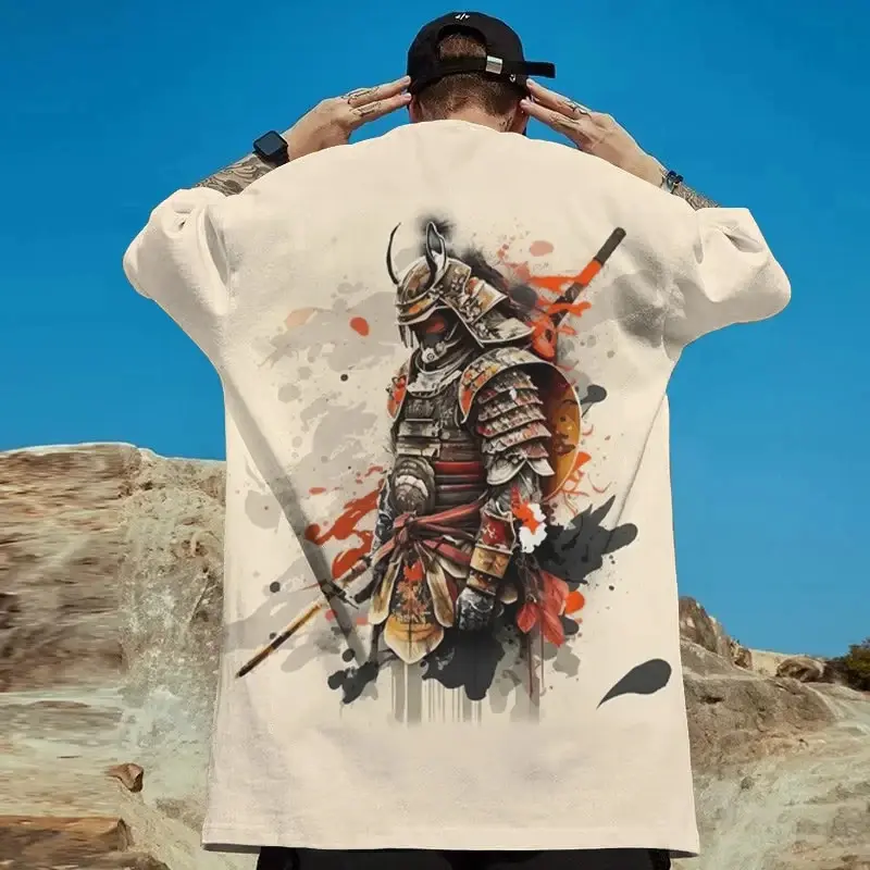 Men's 3D Japanese Samurai Demon Print Regular T-Shirt, Loose Oversized Short-Sleeve O-Neck Breathable Polyester Loose Fit Shirt for Summer Casual Street Trend Menswear Tshirt Streetwear Tropical Crewneck Bestie