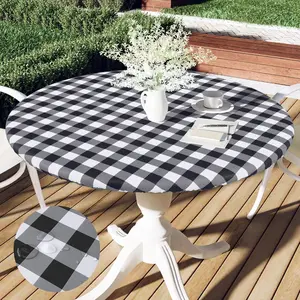 Round Picnic Table Cloth, Elastic Waterproof Fitted Vinyl Tablecloth for 36"-44" Tables, Flannel Backed Buffalo Plaid Table Covers for Dining, Camping, Outdoor, Black and White