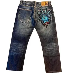 High-waisted baggy high street hip hop classic jeans with washed gothic embroidery, casual wide-leg denim