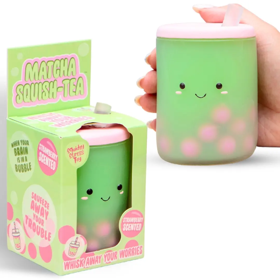 Boxer Gifts Matcha Squish-Tea Scented Squishy Stress Toy, Boba Squishy with Strawberry Scent, Soft Squeeze Fidget Toy for Adults and Kids