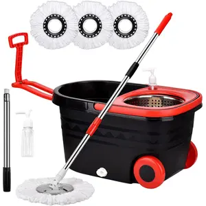 Spin Mop and Bucket System with Wringer, Adjustable Stainless Steel Handle,For Living Room, Bedroom, Bathroom, Kitchen Floor Cleaning Microfiber Mop Heads