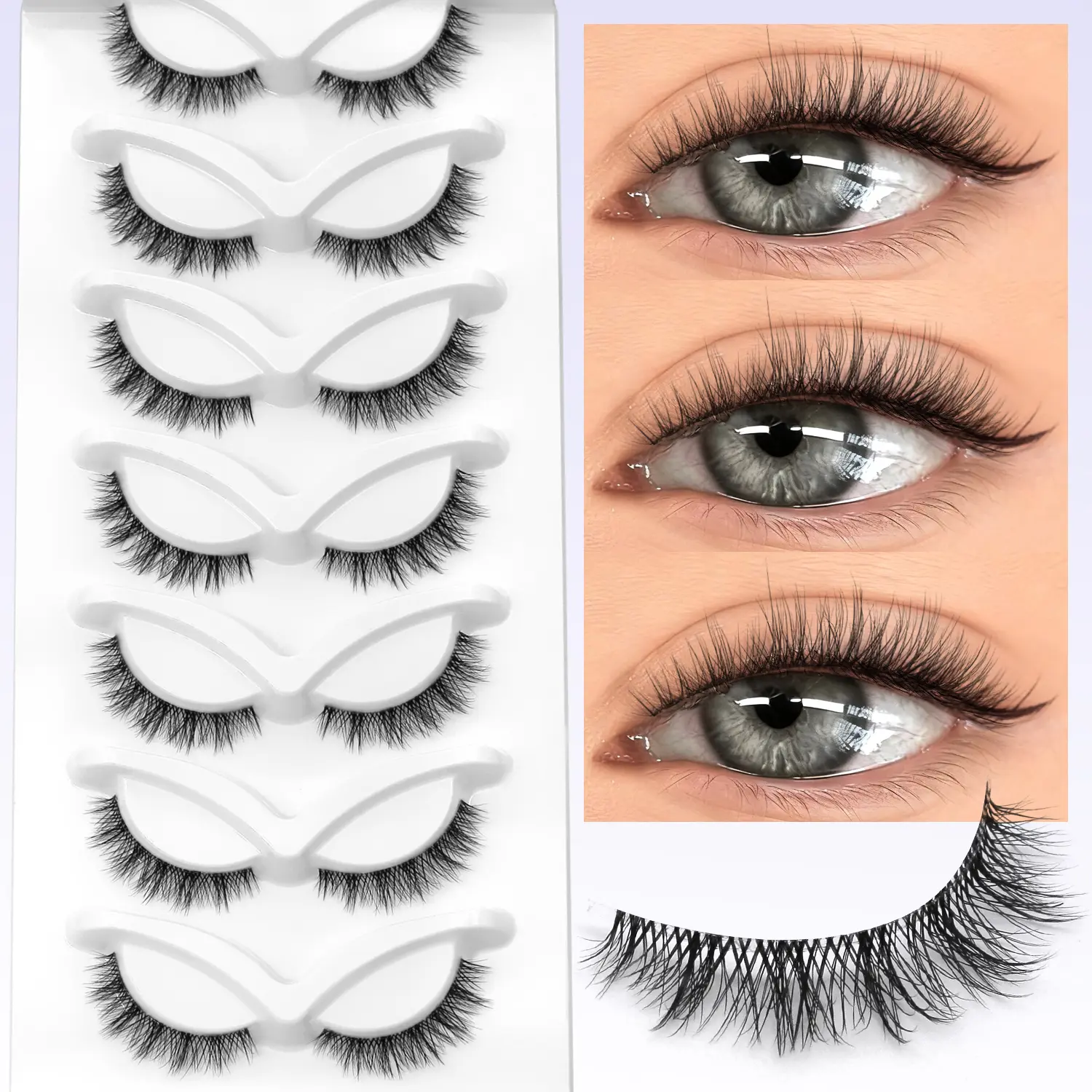 GROINNEYA 7 Pairs False Eyelash Set, Wispy Volume Set Short Wispy Eyelashes Natural Look Spiky Criss-Cross Faux Mink Eyelashes Soft Eyelashes with Clear Band, Easy To Wear, Cosmetic, Fluffy Cluster Lashes