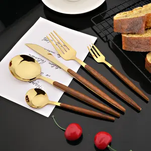 20-piece Wood Silverware Set for 4, Include Knife Fork Spoon, Stainless Steel Flatware Set