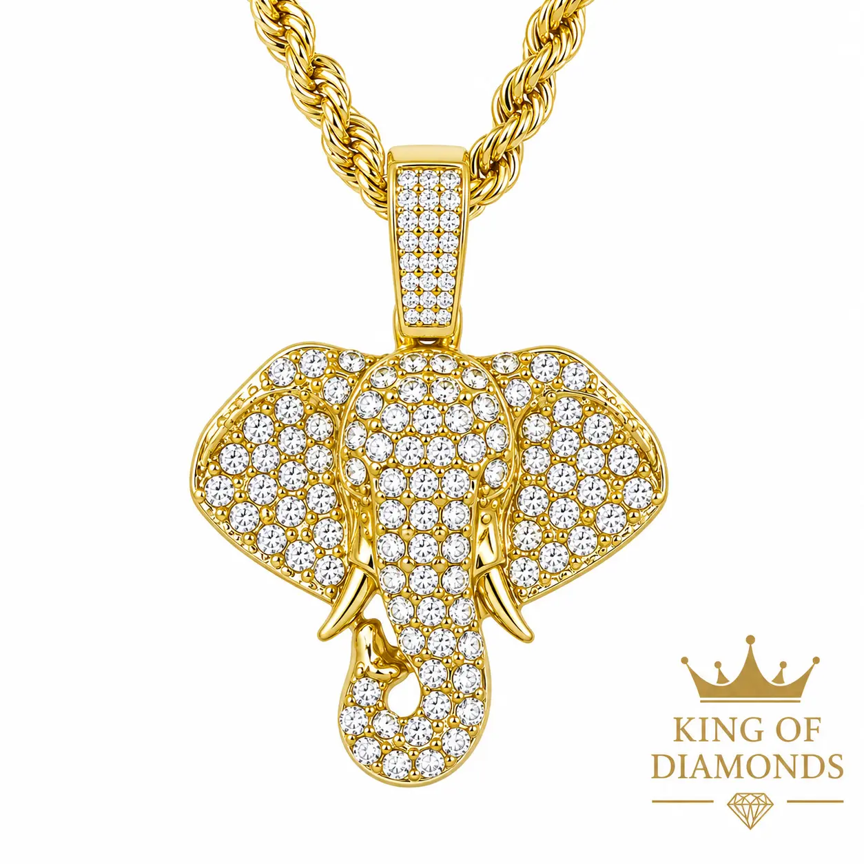 Hip Hop Elephant Charm Necklace, Eye-Catching Plated Alloy Pendant with Sparkling Stones for a Bold Look, Comfortable approx. 24" Rope Chain, Casual Wear, Animal, Bold Charm, Single Necklace, Elephant Trunk Necklaces, Glossy