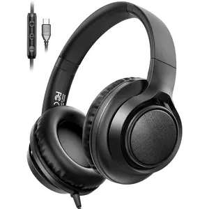 USB C Headphones Wired, Over-Ear Headphones with  Mic & Memory , Hi-Fi Stereo Sound, -Free Cord, Adjustable Lightweight Foldable Headset for  16/15, Laptop, Podcast, School - Black