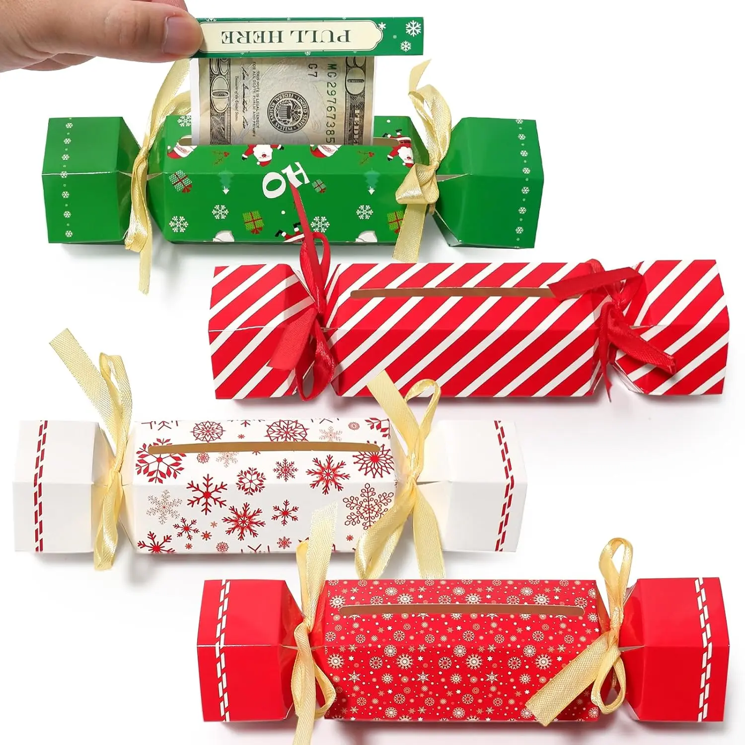 4PCS Christmas Surprise Money Pull Pouch, DIY Christmas Money Box with 40 Transparent Bags, Candy Money Holders, Exploding Money Roll Pull Pouch for Cash Gift, Presents Ideal for 2025 Christmas Party, Family Fun or Gift Exchange Set