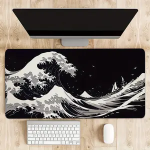 Japanese Wave Large Mouse Pad, Anime Black and White Game, Extended Kanagawa Mat Desk Mat