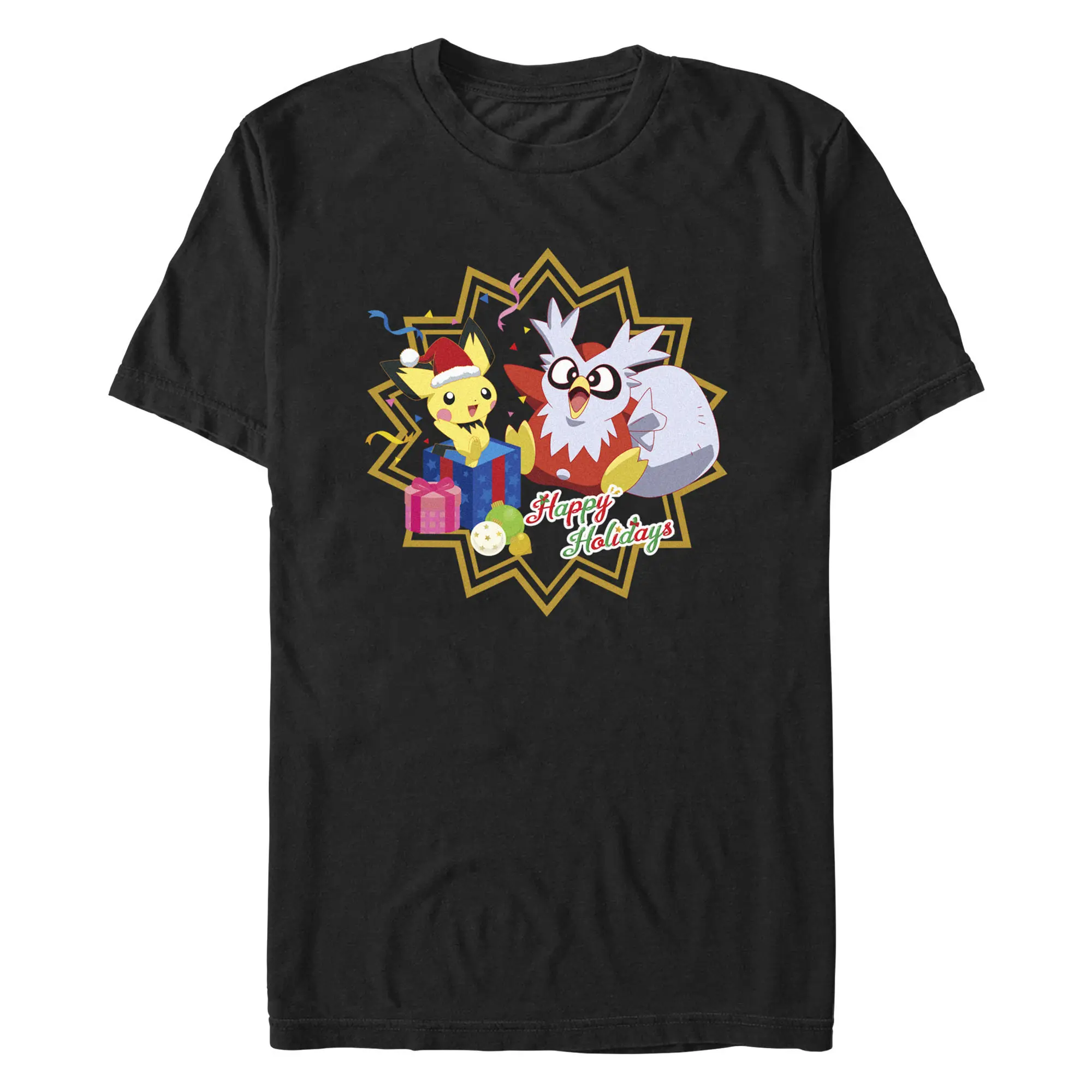 Men's Pokemon Christmas Pikachu and Delibird Happy Holidays T-Shirt