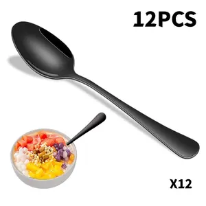 12 pieces of 7.87 inch black, gold, silver soup spoons, stainless steel spoons, durable spoon set, suitable for restaurants, hotels, silverware spoons