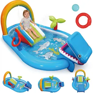 Whubefy PVC Kids Inflatable Play Pool with Mini Water Slide, Rainbow & Palm Tree Sprinkler, Coral Ring Toss, Shark Ball Toss, Ocean Animal Theme, Wet & Dry Use, Perfect Summer Play Center for Toddlers & Ideal Gift for Little Kids