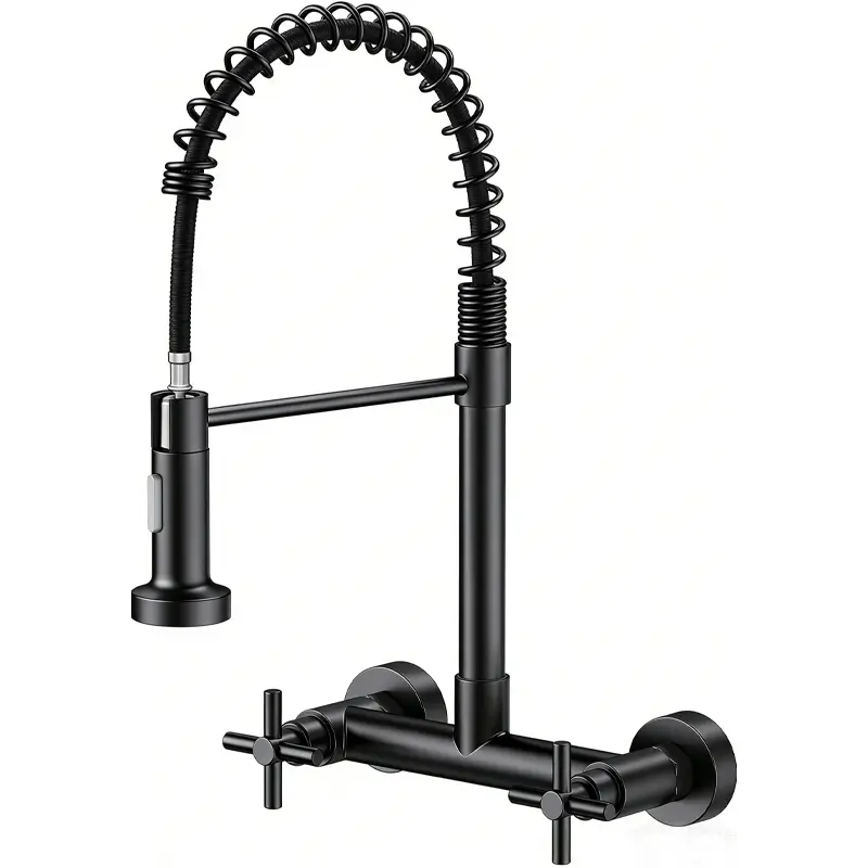Wall Mount Kitchen Faucet, ATSHOWER Matte Black Kitchen Sink Faucet, 8 Inch 2 Handle Wall Mount Commercial Sink Faucet with Pull Down Sprayer for Kitchen Laundry Room Restaurant