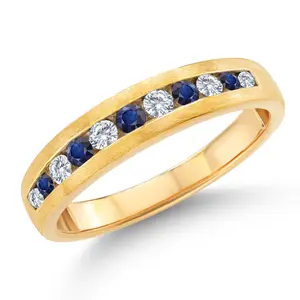 Gem Stone King Men's 10K Yellow Gold White Lab Grown Diamond and Blue Sapphire Satin Finish Wedding Band Ring For Men | 0.63 Cttw | Available In Size 7, 8, 9, 10, 11, 12, 13