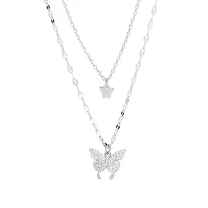 Layered Butterfly Necklace for Women,14K Gold Plated Cubic Zirconia Butterfly Necklace Dainty Gold Butterfly Necklaces for Women Trendy Small Butterfly Charm Necklace Simple Cute Choker Necklaces Gold Jewery