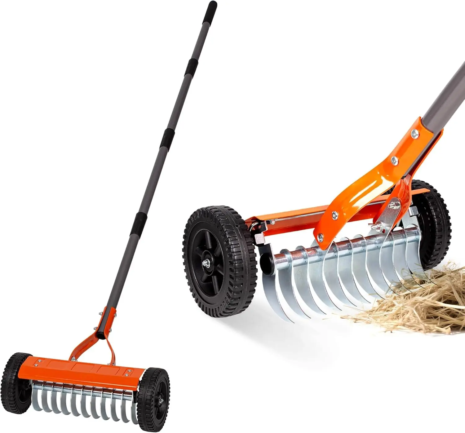 Walensee Manual Lawn Dethatcher Rake with Wheels, Adjustable Handle | 15.8-Inch Rake Head, 76.8-Inch Adjustable Handle And One-Piece 2Mm Stainless Steel Blade For Thatch, Moss And Dead Grass