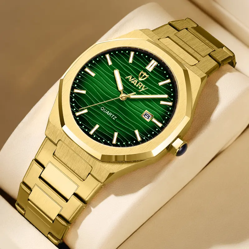 Men's Luxury Metal Masculine Octagonal Quartz Watch - Gold Case, Green Textured Dial with Date Display, Stainless Steel Band with Butterfly House Folding Buckle, Luminous Hands, Business Casual Dress Wristwatch, Ideal Gift for Him