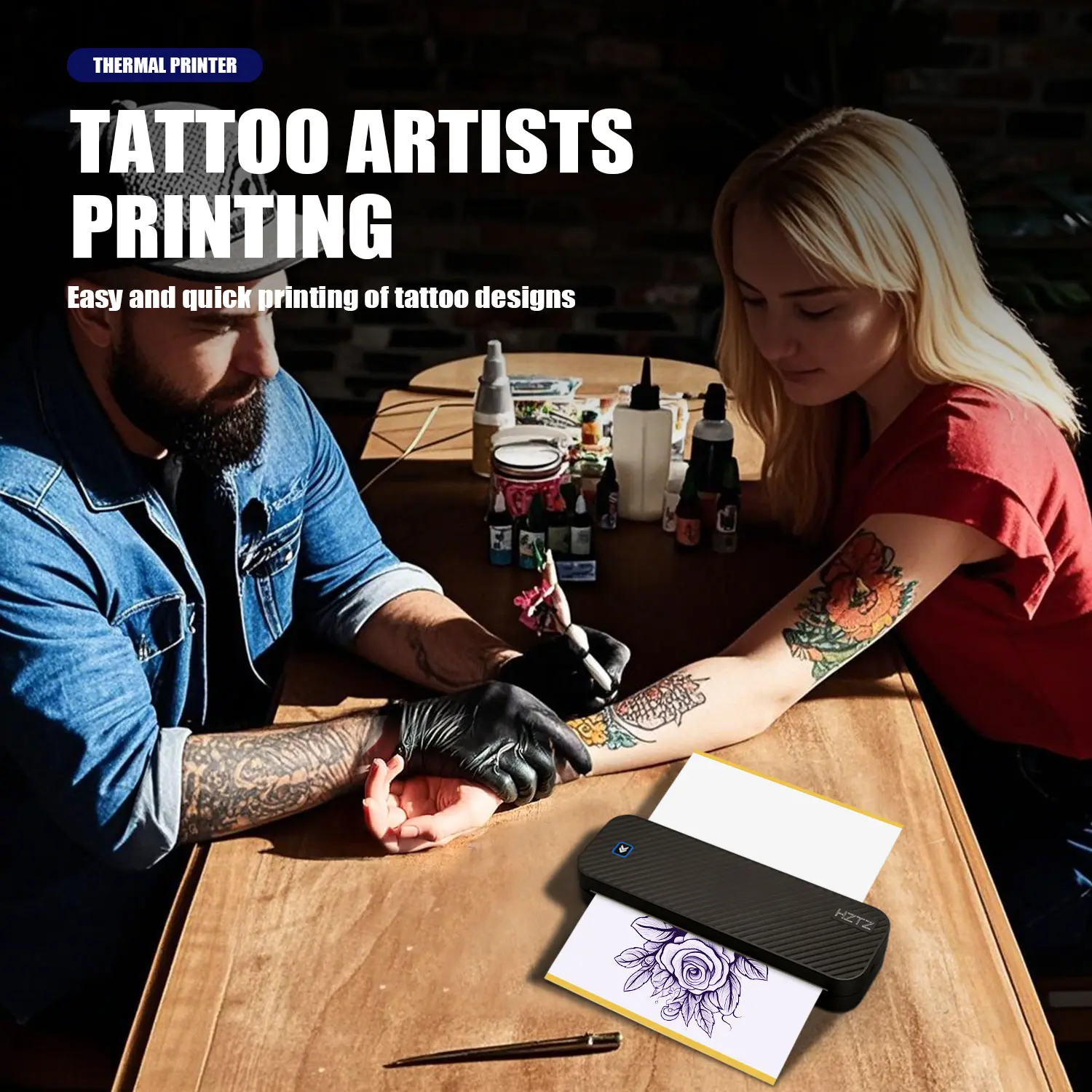 Portable Tattoo Paper Printer, Inkless Printer, Inkless Printing, Compatible with Thermal Paper, Bluetooth-compatible & USB Connection, Portable Printers Wireless, Includes 1 Roll, 10 Sheets, Various Sizes, Portable Thermal Printers