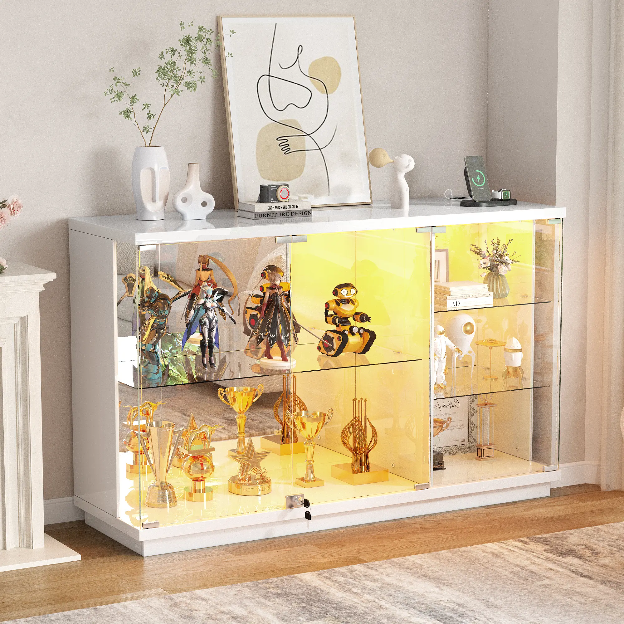 FREDEES Enclosure High-Transparency Large Multi-Compartmentalized Glass Display Cabinet with Lock, LED Light, High Gloss Sideboard & Human Body Sensor Glass Shelves for Collectibles, Liquor - Living Room, Study Furniture, Enclosure Glass Cabinets, High-Tr