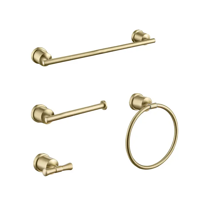 Brushed Gold 4-Piece 304 Stainless Steel Bathroom Hardware Complete Kit, Wall-Mounted Set Screw Mount Towel Bar Ring Holder Hook, Classic Minimalist Design, Corrosion Resistant, Easy Install