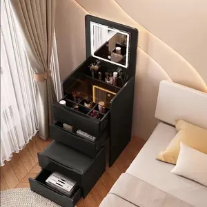 CNCEST Modern Wooden Makeup Vanity Desk - Compact 3-Drawer Foldable Design with LED Mirror, 3-Color Lighting & Stool, Space-Saving Cosmetic Table for Bedroom