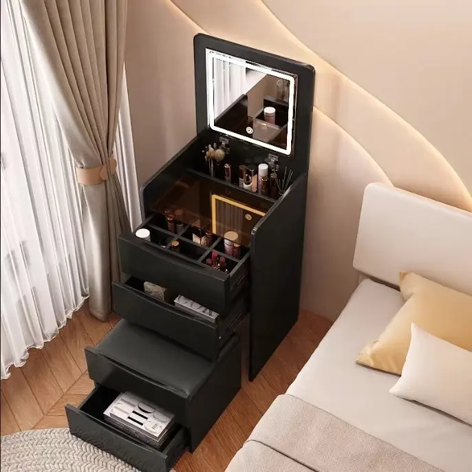 CNCEST Modern Makeup Vanity Desk - Compact 3-Drawer Foldable Wood-Effect Vanity Desk Design, Stylish Illuminated Multi-Light LED Mirror Cosmetic Table with 3-Color Lighting, Stool for Space-Saving Bedroom Use, Stylish Makeup Vanities