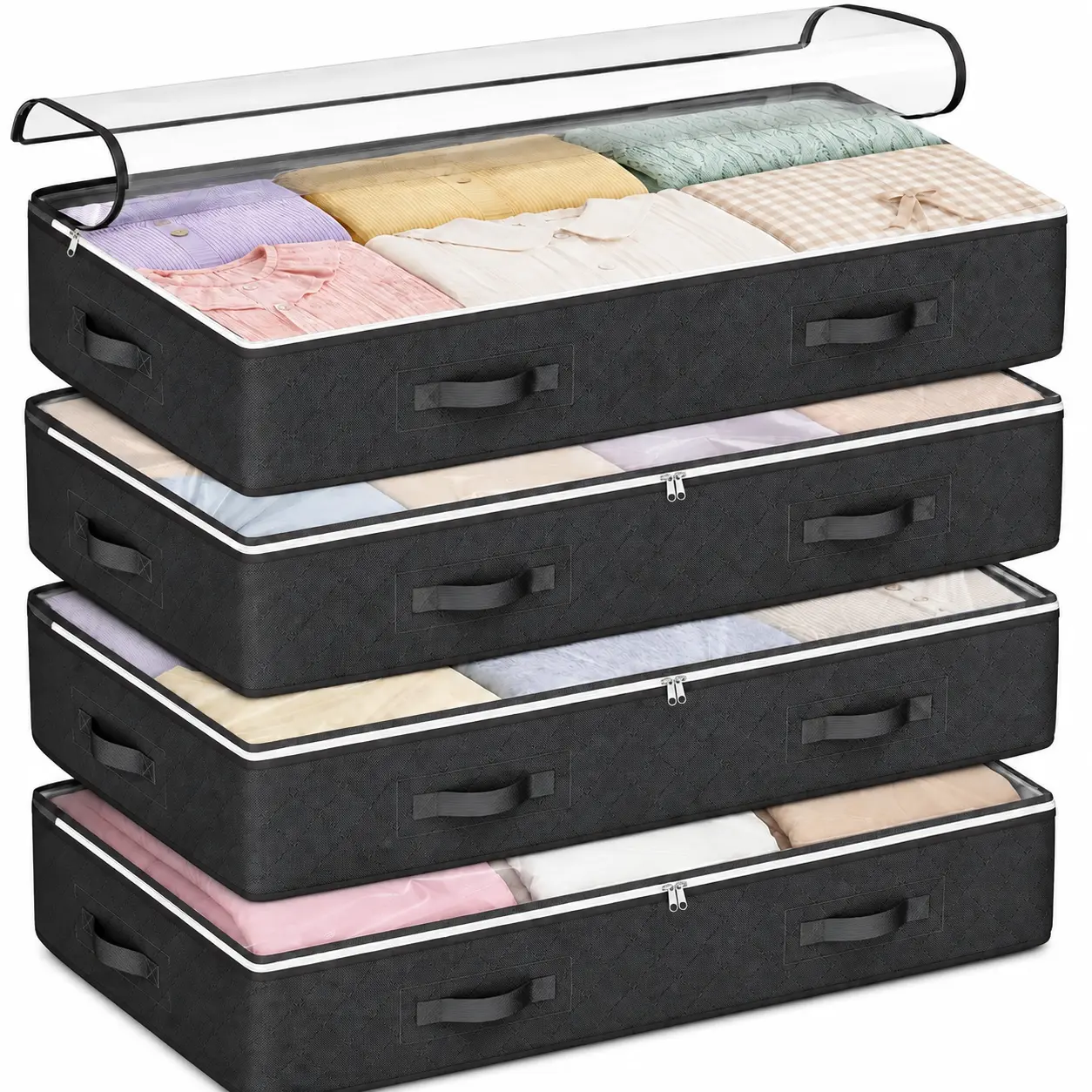 4 Transparent-Lid Under-Bed Storage Boxes, Travel Organizers for Storing Blankets, Sweaters