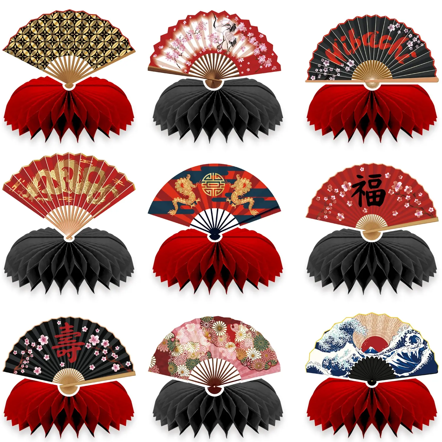 9PCS Asian Style Party Lightweight Centerpieces Decorations Set, Hibachi Birthday Party Decorations Asian Chinese Japanese Style Paper Fans Honeycomb Centerpieces Table Decor Asian Baby Shower Wedding Birthday Decor Supplies Party Accessories