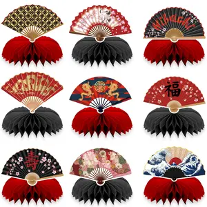9PCS Asian Style Party Lightweight Centerpieces Decorations Set, Hibachi Birthday Party Decorations Asian Chinese Japanese Style Paper Fans Honeycomb Centerpieces Table Decor Asian Baby Shower Wedding Birthday Decor Supplies Party Accessories