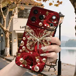 Phone Case - Red Rose with Rhinestone Butterfly And Pearl Phone Case for Iphone 17 16 15 14 13 12 11 XS XR X 7 8 Mini Plus Pro Max SE Air
