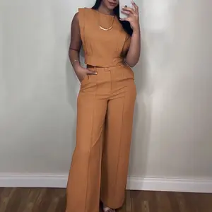 CHICME Women's 2 Pieces Round Neck Cap Sleeve Crop Top and Casual Pocket Design Straight Pants Set/Women's Crop Top and Pocket Pants Set
