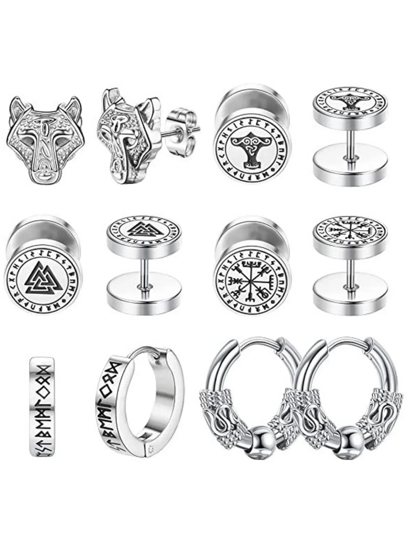 Punk Style Viking Compass & Wolf Design Stud Earrings & Hoop Earrings, Stainless Steel Jewelry Ear Studs for Party, Daily Clothing Decor for Men & Women, Earrings Set Earring Hoops