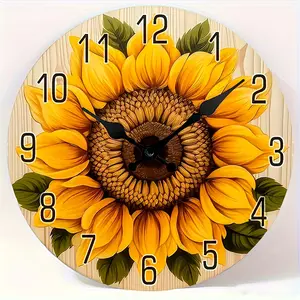 10 inch Sunflower-Themed Wall Clock, Round Wooden Design, Completely Silent with No Ticking Sound, Perfect for Decorating Bedrooms And Living Rooms