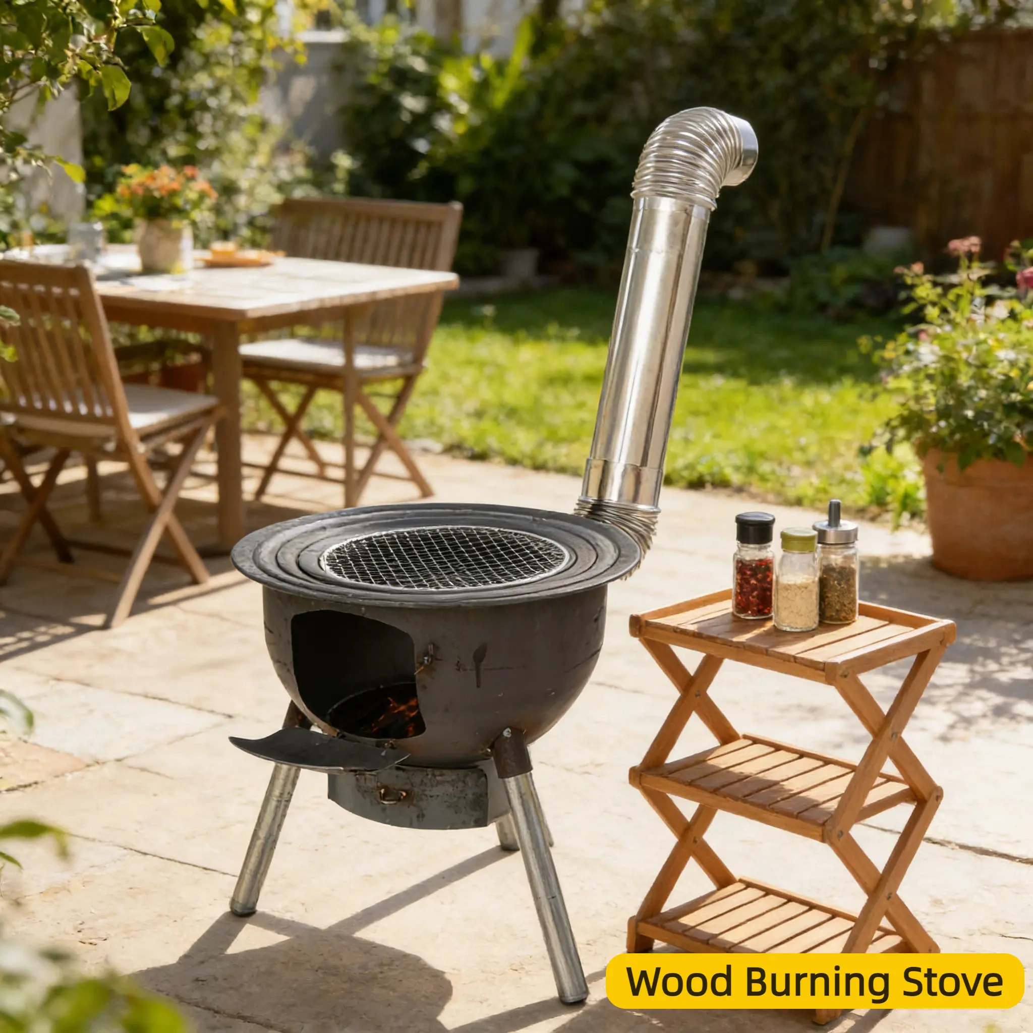 CNCEST Modern Portable Wood Burning Stove Set - Heavy-Duty Steel Off-Grid, Self-Contained, Small Grill Stoves, Camping Kitchen Equipment with 3 Wok Rings, Grill Grate, Ash Pan, Outdoor BBQ Cooking Station, Off-Grid Grill Stoves