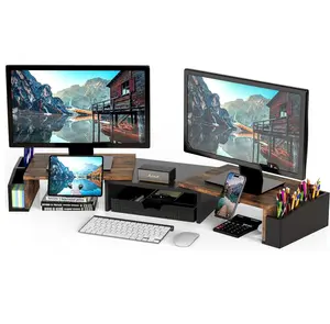 Desk Dual Monitor Stand Riser with Drawer Side Caddies and ipad/phone Holder For Home and Office, Rustic Brown