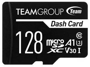 Team 128GB Dash Card  microSDXC UHS-I/U3 Class 10 A1 V30 Memory Card with Adapter, Compatible for cams, Speed Up to 100MB/s (TDUSDX128GUHS03)