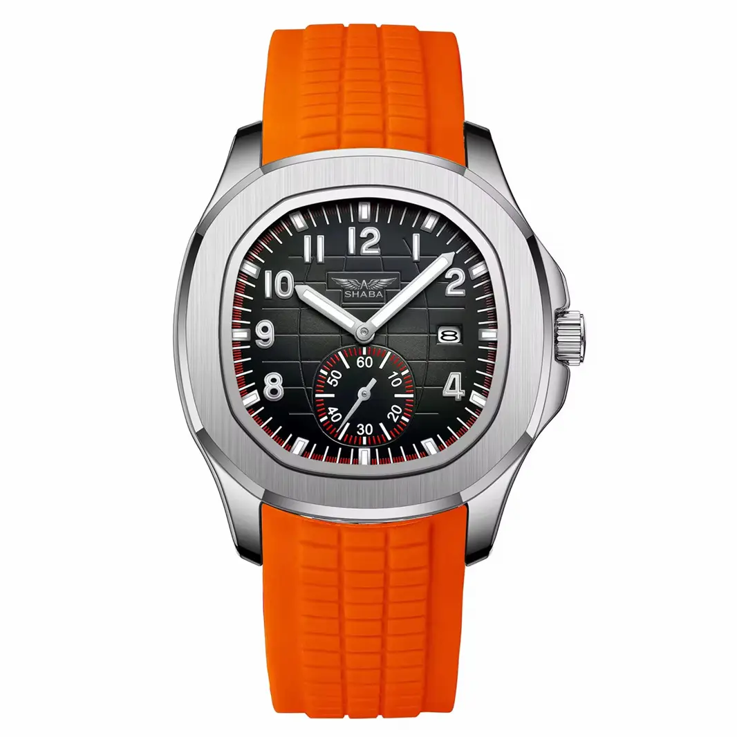 Shaba Men's Analog Watch - 46mm Silver Case, Rectangular Face, Brown Dial, Orange Strap, Calendar Display