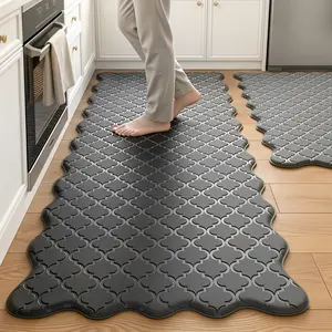 Tyrot 2PCS Waterproof Anti-Fatigue Kitchen Rugs Sets, Cushioned Bi-Color Curvilinear Antislip All-Surface Washable Floor Rugs, Bi-Color Kitchen Rugs Irregular Design Rug